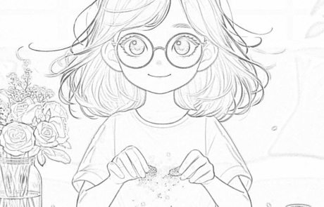 Dessin à colorier : Isabel répand des paillettes du bout des doigts sur la table, entre les pots.