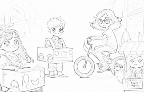 Dessin à colorier : les quatre enfants avec leurs voitures en carton et la billetterie.
