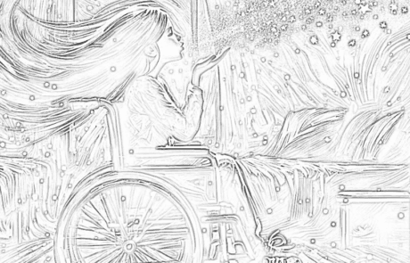 Dessin à colorier : Carolina souffle des paillettes qui se changent en étoiles, depuis son fauteuil roulant.