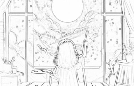 Dessin à colorier : Martina peint sur son chevalet un ciel avec une grande lune.