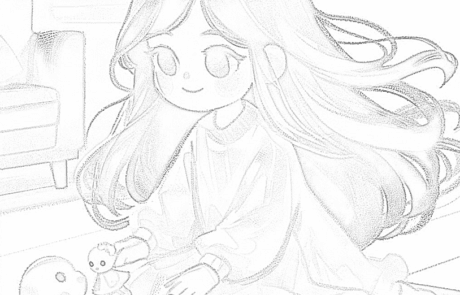 Dessin à colorier : Carolina joue assise par terre avec ses poupées.