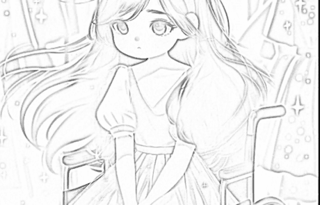 Dessin à colorier : Carolina, dans son fauteuil roulant, parmi les robes d’une boutique.