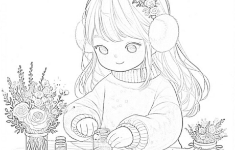 Dessin à colorier : María verse des paillettes d’un flacon, entre des bouquets de fleurs.