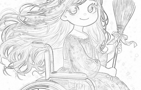 Dessin à colorier : Carolina, en robe de fête, tient un balai orné d’un ruban.