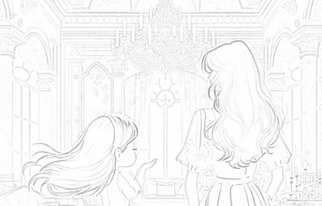 Dessin à colorier : Carolina et une femme, de dos, dans le grand salon d’un palais.