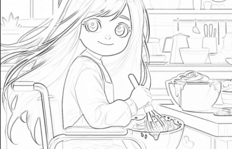 Dessin à colorier : Carolina bat une pâte au fouet dans la cuisine.