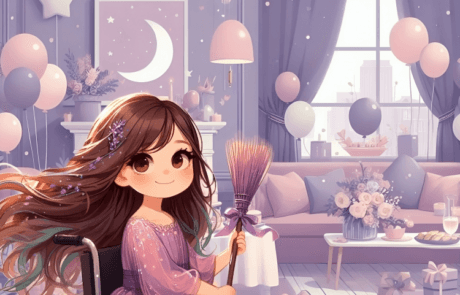Illustration du livre : Carolina tient un balai décoré dans un salon paré pour son anniversaire.
