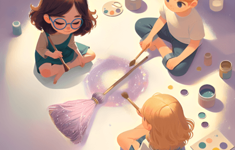Illustration du livre : Isabel, Juanma et María peignent un balai à paillettes, assis par terre.