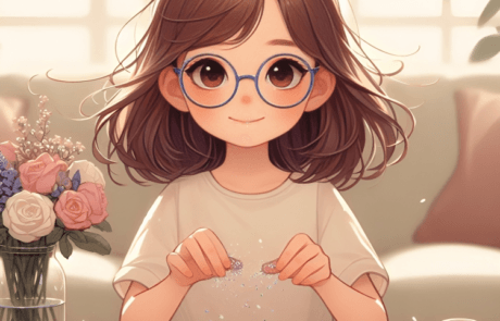 Illustration du livre : Isabel répand des paillettes sur la table, entre des pots de couleurs.