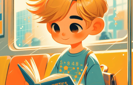 Illustration du livre : Juanma lit un livre de mathématiques assis dans le métro, son sac sur l’épaule.