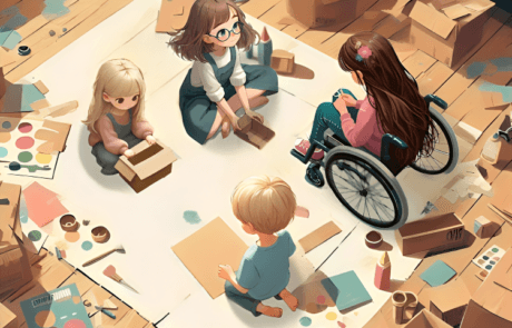 Illustration du livre : les quatre enfants fabriquent leurs déguisements en carton, entourés de boîtes et de peintures.