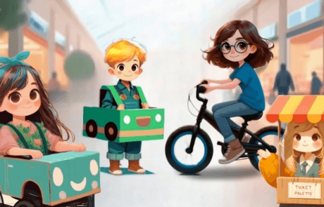 Illustration du livre : les enfants défilent avec leurs voitures en carton ; Carolina dans son fauteuil, María à la billetterie.