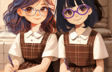 Illustration du livre : Isabel et Martina, en uniforme scolaire, écrivent dans leurs cahiers.