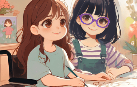 Illustration du livre : Carolina, en fauteuil roulant, dessine avec Martina à la table.