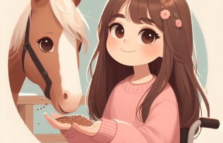 Illustration du livre : Carolina donne à manger à un cheval depuis son fauteuil roulant.