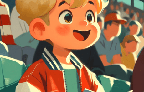 Illustration du livre : Juanma sourit dans les tribunes du stade avec son album de vignettes de football.