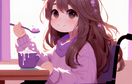 Illustration du livre : Carolina savoure un chocolat chaud à la crème, attablée dans son fauteuil roulant.