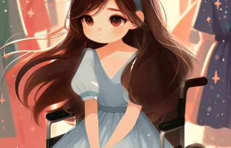 Illustration du livre : Carolina, en fauteuil roulant, choisit une robe parmi les cintres d’une boutique.