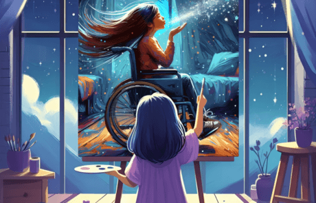 Une enfant peint sur un chevalet le portrait d’une jeune fille en fauteuil roulant soufflant une poignée de paillettes vers une fenêtre étoilée.