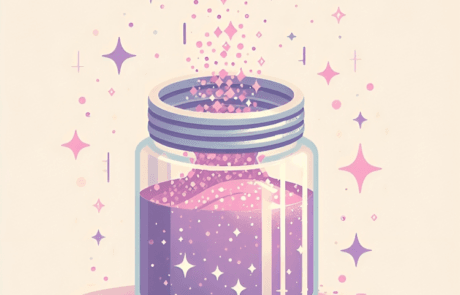 Illustration du livre : un pot de paillettes mauves ouvert d’où s’échappent éclats et étoiles.
