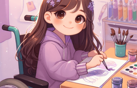 Illustration du livre : Carolina peint avec des paillettes à son bureau, entourée de pinceaux et de pots colorés.