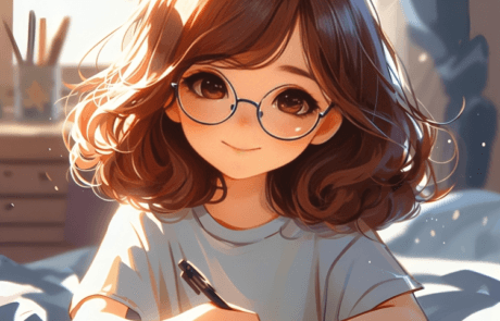 Illustration du livre : Isabel écrit dans son cahier, allongée sur son lit, avec ses lunettes rondes.