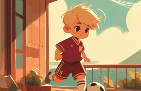 Illustration du livre : Juanma, en tenue de football, frappe le ballon sur une terrasse face à la mer.