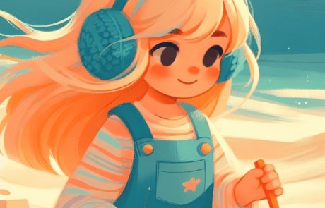 Illustration du livre : María, avec ses cache-oreilles turquoise, joue avec son seau et sa pelle à la plage.