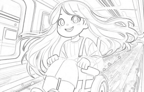 Dessin à colorier : Carolina descend une rampe du métro dans son fauteuil roulant.