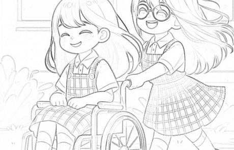 Dessin à colorier : Patri pousse le fauteuil roulant de Carolina sur le chemin de l’école.