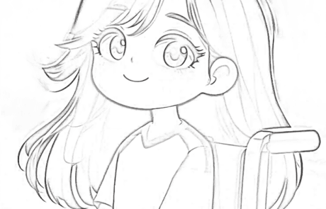 Dessin à colorier : portrait de Carolina souriante dans son fauteuil roulant.