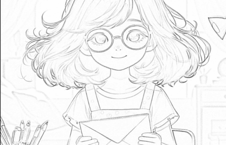 Dessin à colorier : Isabel tient une enveloppe à son bureau couvert de feuilles.