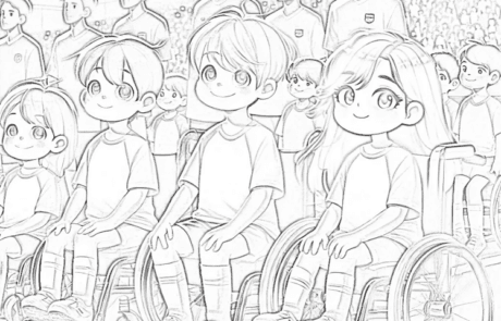 Dessin à colorier : des enfants en fauteuil roulant sur le terrain de football, à côté des joueurs.