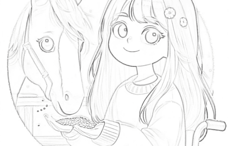Dessin à colorier : Carolina donne à manger à un cheval depuis son fauteuil roulant.