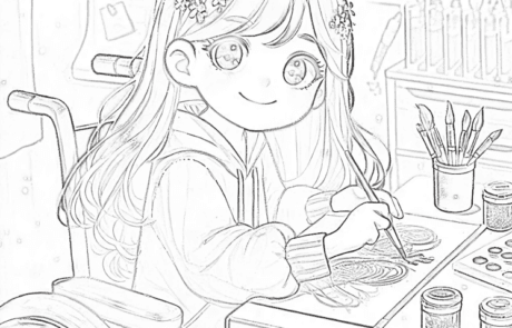 Dessin à colorier : Carolina peint avec des paillettes à son bureau, entourée de pinceaux.