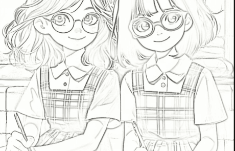 Dessin à colorier : Isabel et Martina, en uniforme scolaire, écrivent dans leurs cahiers.