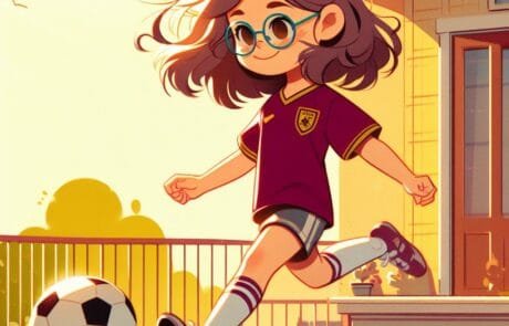 Illustration du chapitre : Isabel, lunettes et maillot de football, court après le ballon devant la maison.