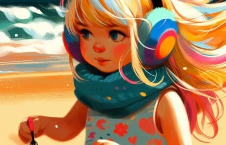 Illustration du chapitre : María, avec ses cache-oreilles colorés, construit un château de sable sur la plage.