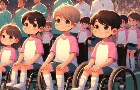 Illustration du chapitre : des enfants en fauteuil roulant entrent sur le terrain avec les joueurs pour la visibilité des maladies rares.