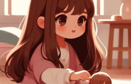 Illustration du chapitre : Carolina, en gilet rose, joue avec ses poupées dans le salon.