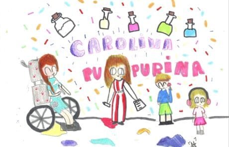Dessin de Martina titré « Carolina Purpurina » : l’héroïne et ses frères et sœurs parmi des flacons de paillettes.