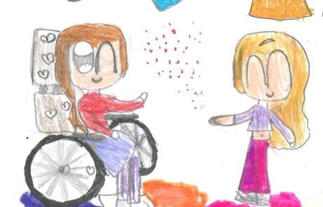 Dessin de Martina : Carolina, en fauteuil roulant, souffle une poignée de paillettes vers son amie.