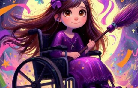 Illustration du chapitre : Carolina, déguisée en sorcière au chapeau violet, tient son balai sous la lune.