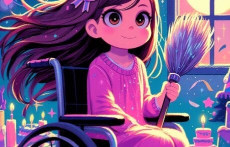 Illustration du chapitre : Carolina tient un balai scintillant à sa fête d’anniversaire, parmi gâteaux et bougies.