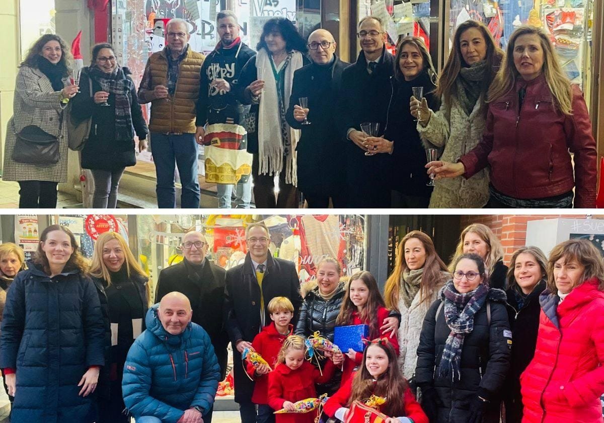 Montage : en haut, un groupe trinque devant une vitrine ; en bas, photo de groupe avec des enfants en rouge et une fille en fauteuil.