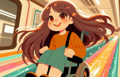 Illustration du chapitre : Carolina dévale à toute allure une rampe colorée dans le métro.