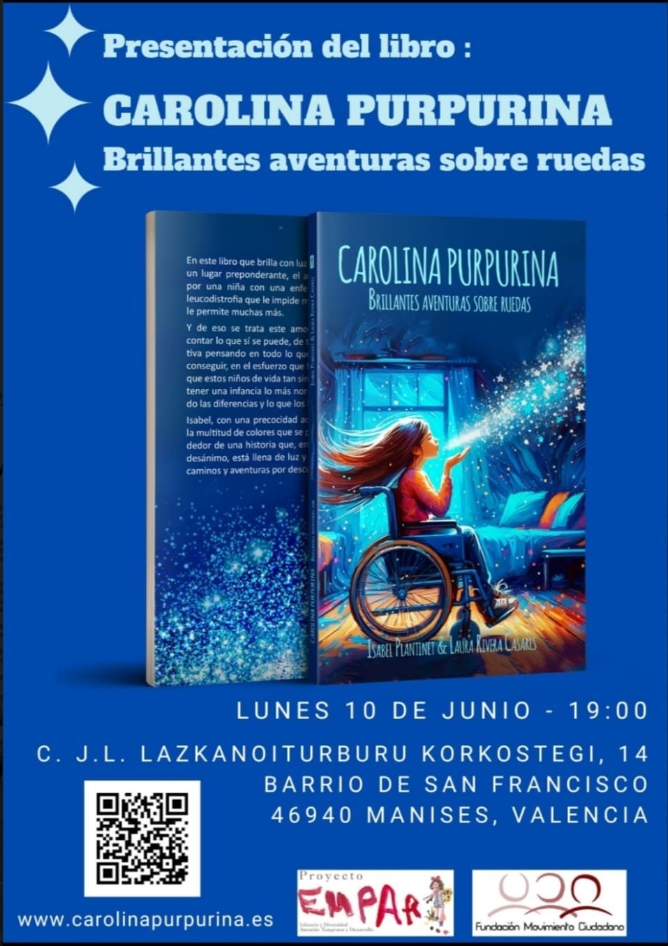 Affiche de la présentation du livre à Manises, Valence, le lundi 10 juin à 19 h, avec la couverture au premier plan.