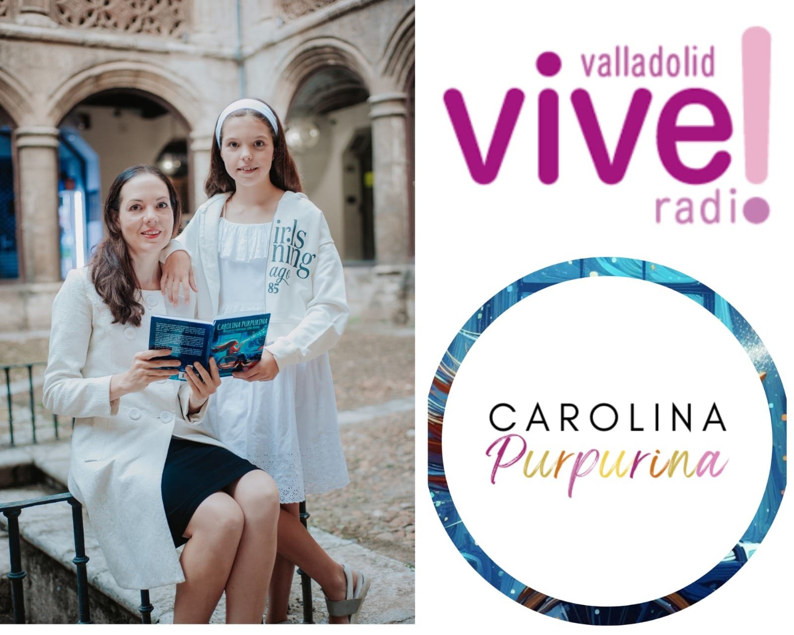 Une femme et une fille tiennent le livre ouvert dans un cloître, à côté du logo de Vive! Radio Valladolid.