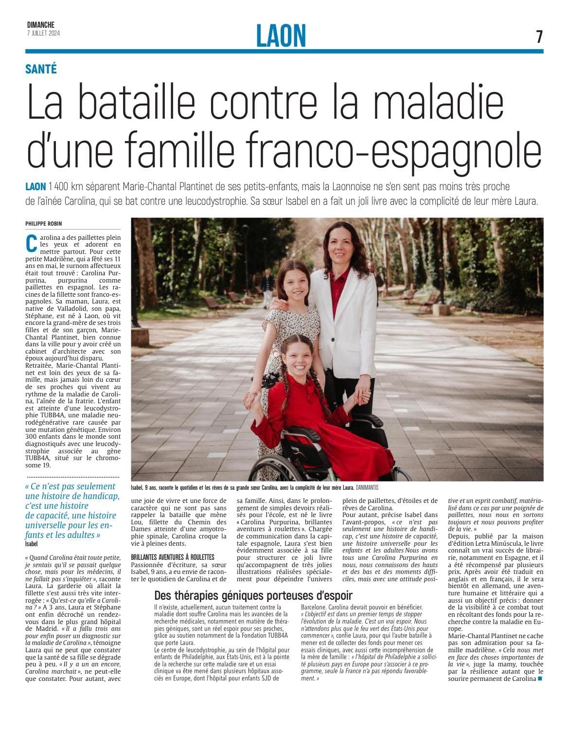 Page d’un journal français titrée « La bataille contre la maladie d’une famille franco-espagnole », la famille dans un parc.