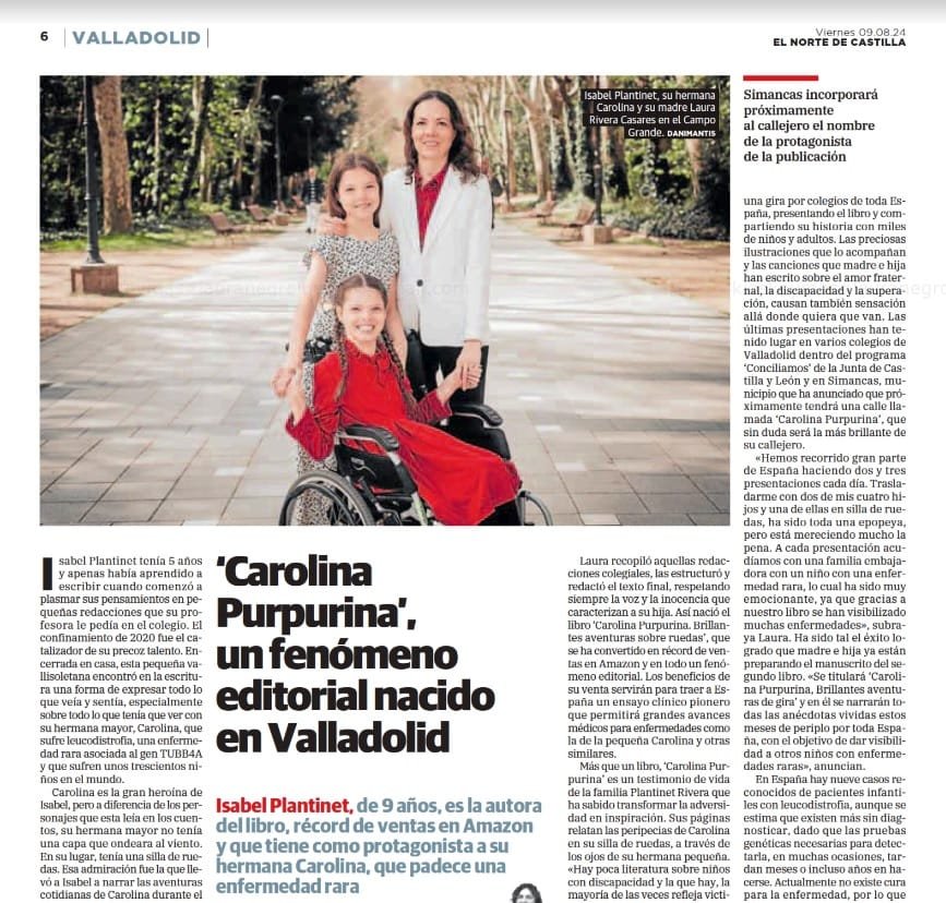 Page du journal El Norte de Castilla consacrée au succès éditorial de « Carolina Purpurina », avec une photo de famille.